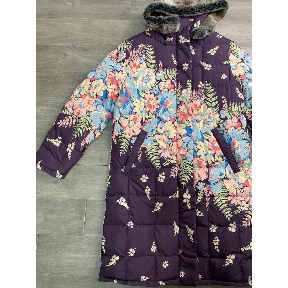 Sundance Hooded Down Puffer Coat Parka Purple Floral Fur Trim Size Small - Picture 6 of 10